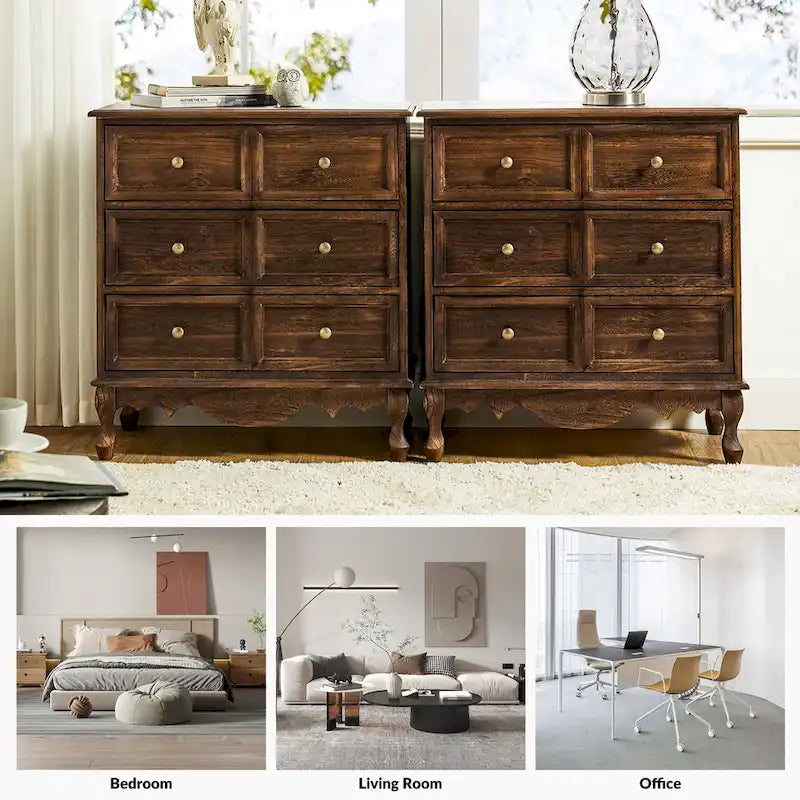 Comodino a 3 cassetti Pallantium Farmhouse 30Tall Distressed con gambe in legno massello e piedini regolabili di HULALA HOME