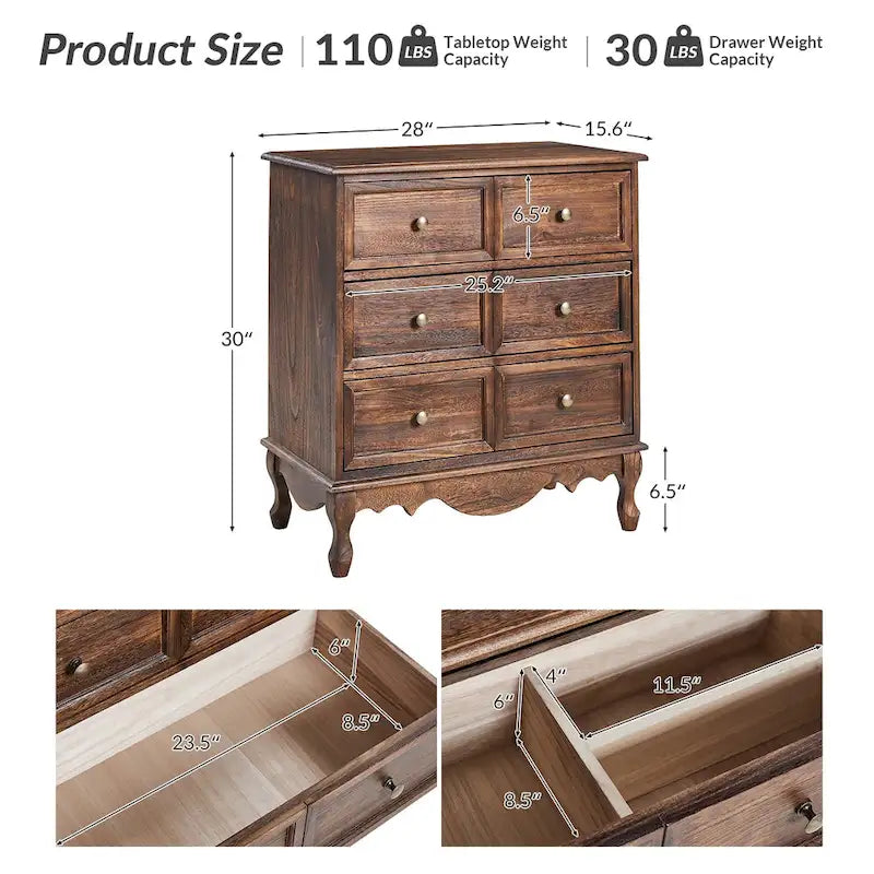 Comodino a 3 cassetti Pallantium Farmhouse 30Tall Distressed con gambe in legno massello e piedini regolabili di HULALA HOME