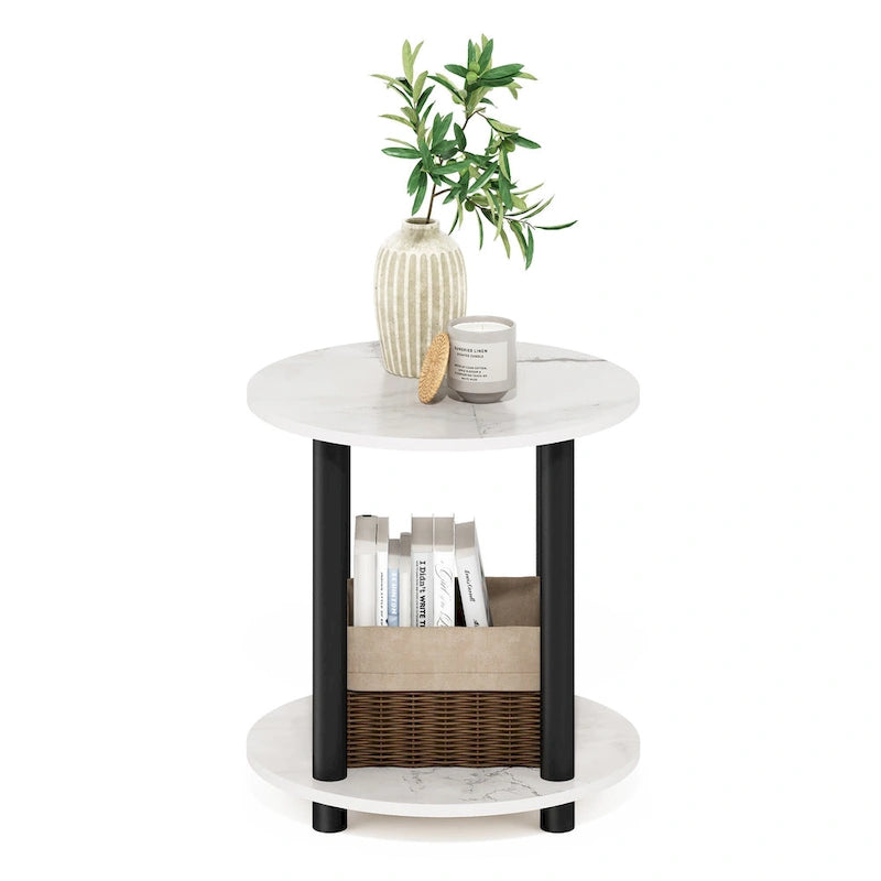 Tavolino rotondo a 2 ripiani in legno Furinno Turn-N-Tube, bianco marmo