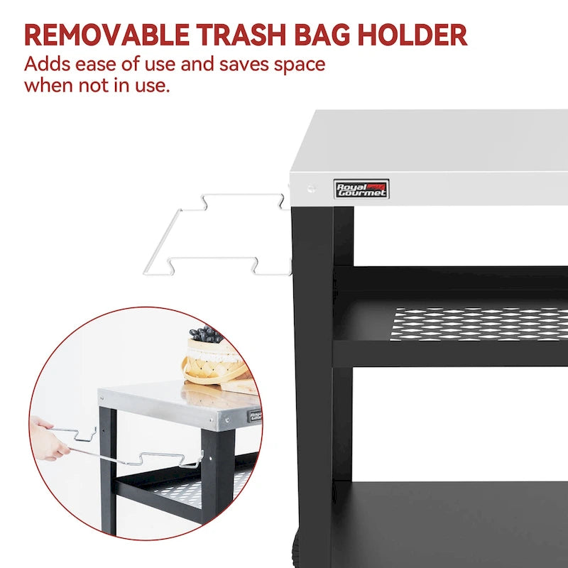 Tavolo da grill Royal Gourmet mobile a 3 ripiani con porta-sacco spazzatura rimovibile