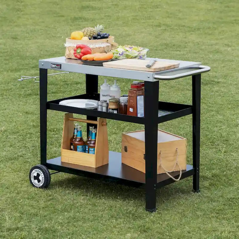 Tavolo da grill Royal Gourmet mobile a 3 ripiani con porta-sacco spazzatura rimovibile
