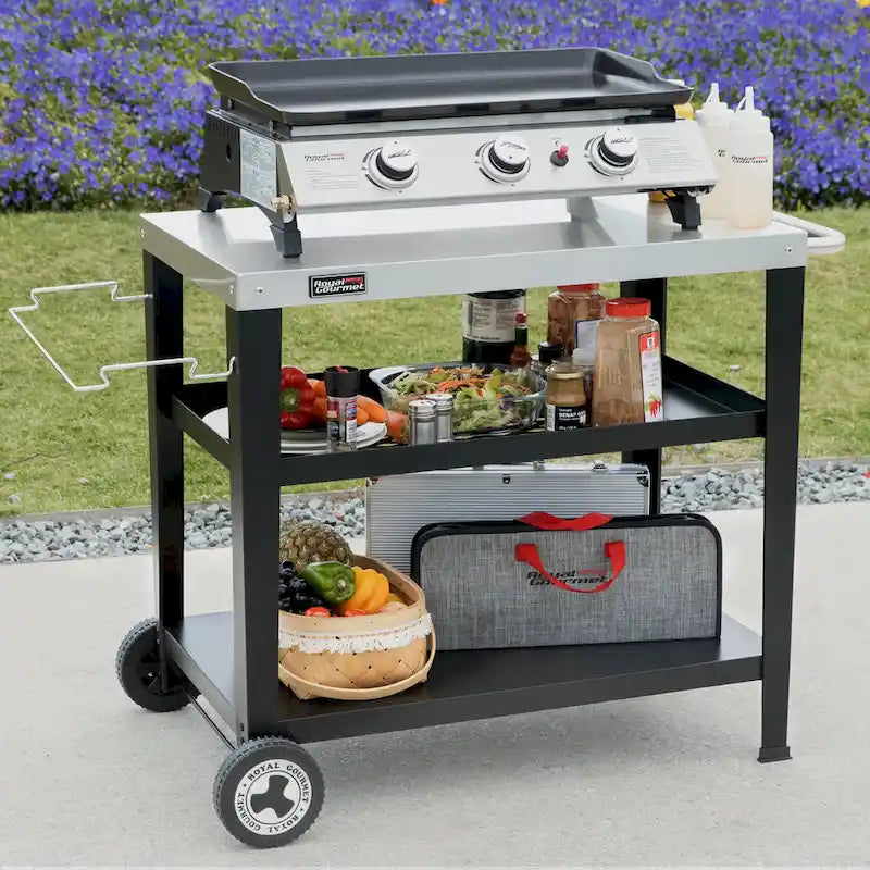Tavolo da grill Royal Gourmet mobile a 3 ripiani con porta-sacco spazzatura rimovibile