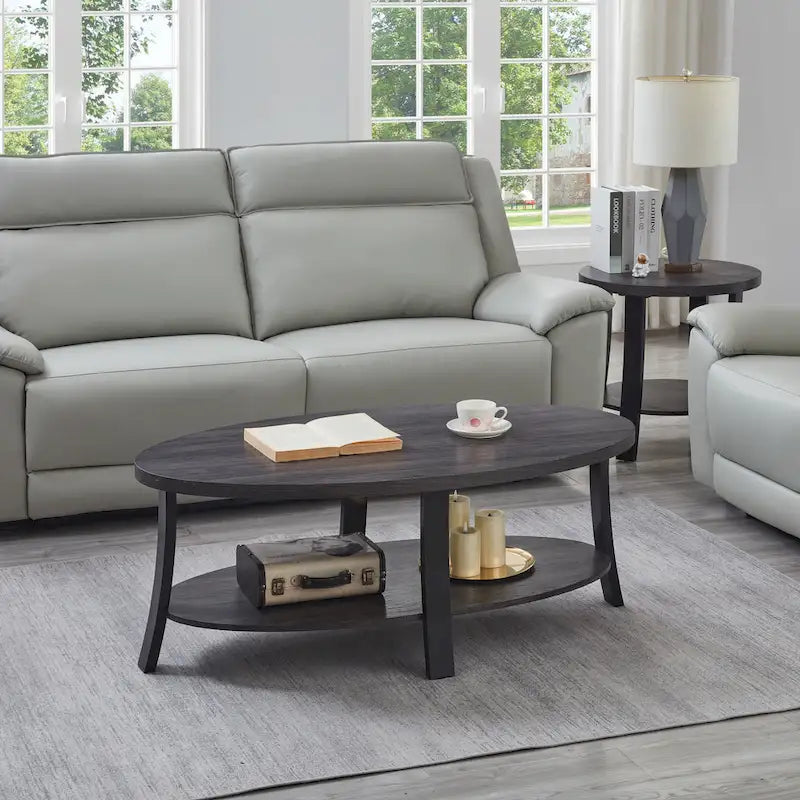 Roundhill Furniture Anze Contemporary Oval Wood Shelf 3-Piece Coffee Table Set