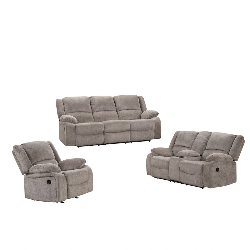 Set divani reclinabili manuali ChaseL a 3 posti in ciniglia color moka