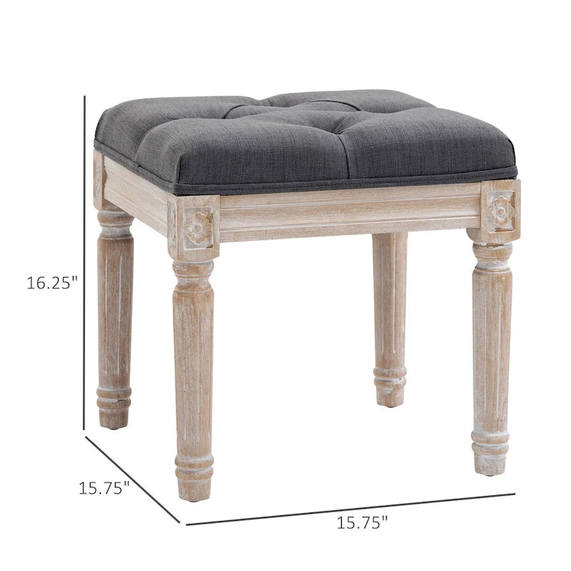 HOMCOM 15.75 Vintage Ottoman, Tufted Foot Stool with Upholstered Seat, Rustic Wood Legs for Bedroom, Living Room