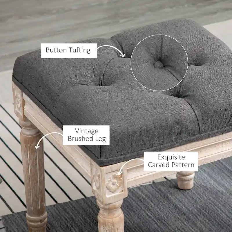 HOMCOM 15.75 Vintage Ottoman, Tufted Foot Stool with Upholstered Seat, Rustic Wood Legs for Bedroom, Living Room