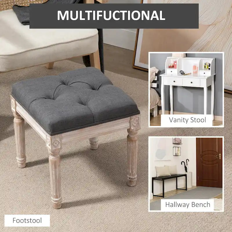 HOMCOM 15.75 Vintage Ottoman, Tufted Foot Stool with Upholstered Seat, Rustic Wood Legs for Bedroom, Living Room