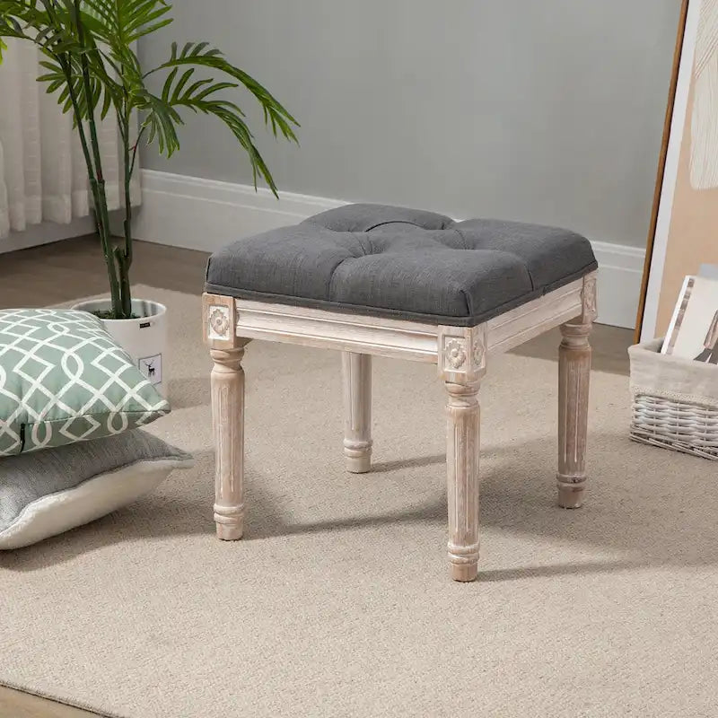 HOMCOM 15.75 Vintage Ottoman, Tufted Foot Stool with Upholstered Seat, Rustic Wood Legs for Bedroom, Living Room