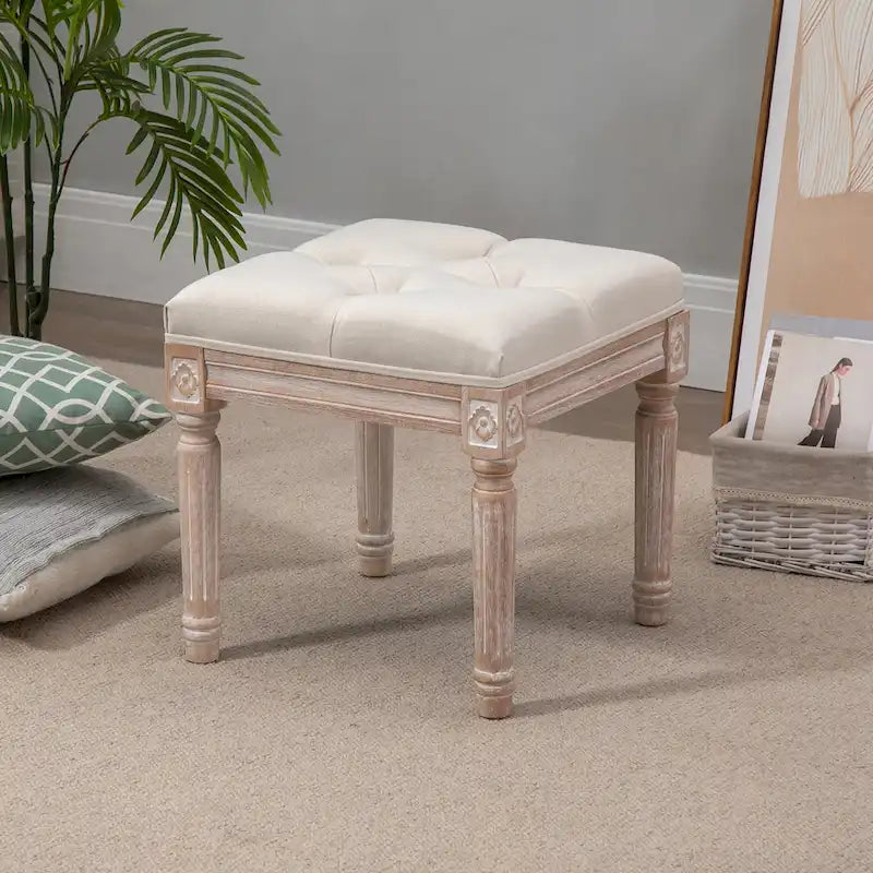 HOMCOM 15.75 Vintage Ottoman, Tufted Foot Stool with Upholstered Seat, Rustic Wood Legs for Bedroom, Living Room