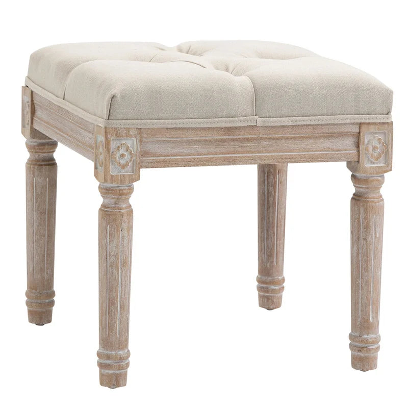 HOMCOM 15.75 Vintage Ottoman, Tufted Foot Stool with Upholstered Seat, Rustic Wood Legs for Bedroom, Living Room