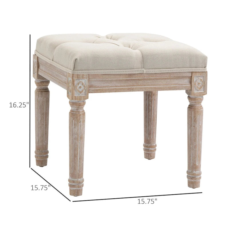 HOMCOM 15.75 Vintage Ottoman, Tufted Foot Stool with Upholstered Seat, Rustic Wood Legs for Bedroom, Living Room