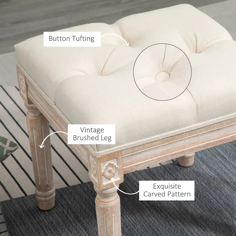 HOMCOM 15.75 Vintage Ottoman, Tufted Foot Stool with Upholstered Seat, Rustic Wood Legs for Bedroom, Living Room