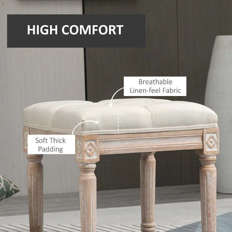 HOMCOM 15.75 Vintage Ottoman, Tufted Foot Stool with Upholstered Seat, Rustic Wood Legs for Bedroom, Living Room