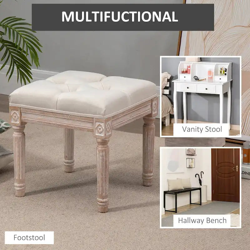 HOMCOM 15.75 Vintage Ottoman, Tufted Foot Stool with Upholstered Seat, Rustic Wood Legs for Bedroom, Living Room