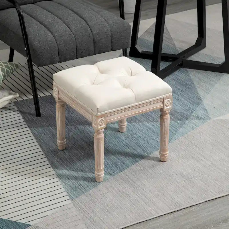 HOMCOM 15.75 Vintage Ottoman, Tufted Foot Stool with Upholstered Seat, Rustic Wood Legs for Bedroom, Living Room