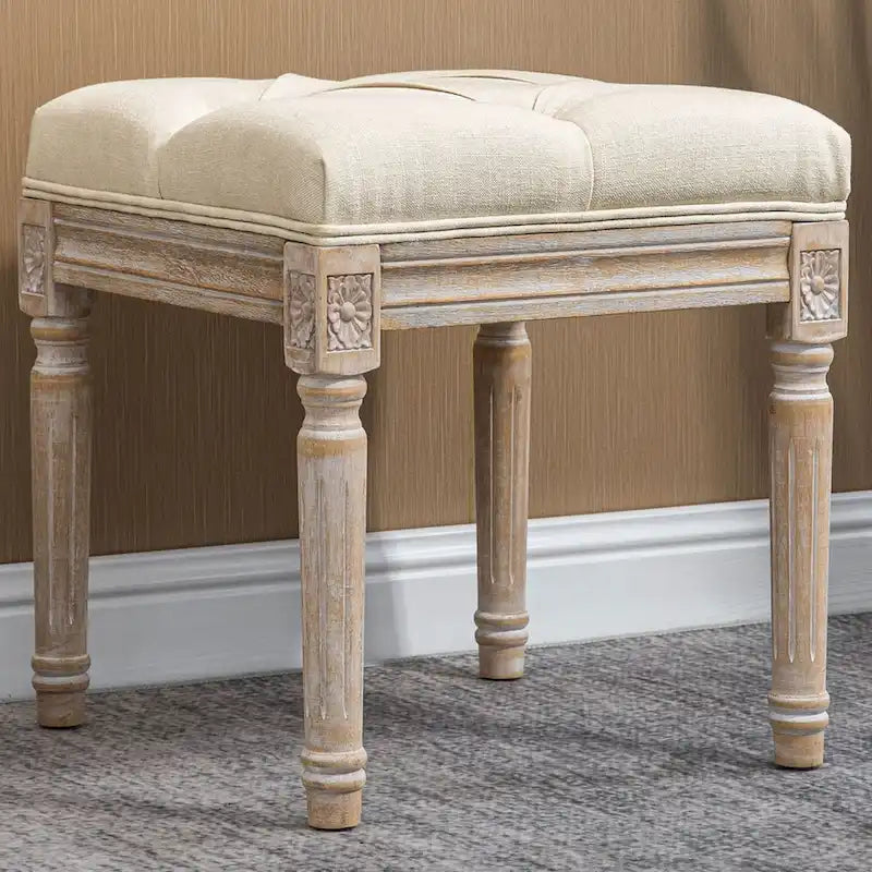 HOMCOM 15.75 Vintage Ottoman, Tufted Foot Stool with Upholstered Seat, Rustic Wood Legs for Bedroom, Living Room