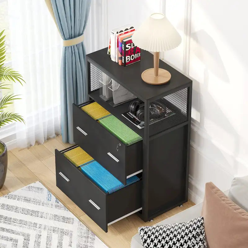 Cassettiera laterale a 2 cassetti in noce/nero con ripiani aperti, mobiletto archivio industriale porta stampante