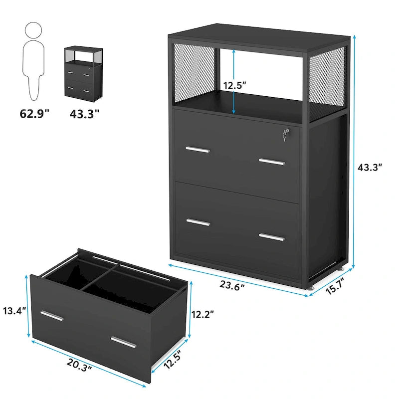 Cassettiera laterale a 2 cassetti in noce/nero con ripiani aperti, mobiletto archivio industriale porta stampante