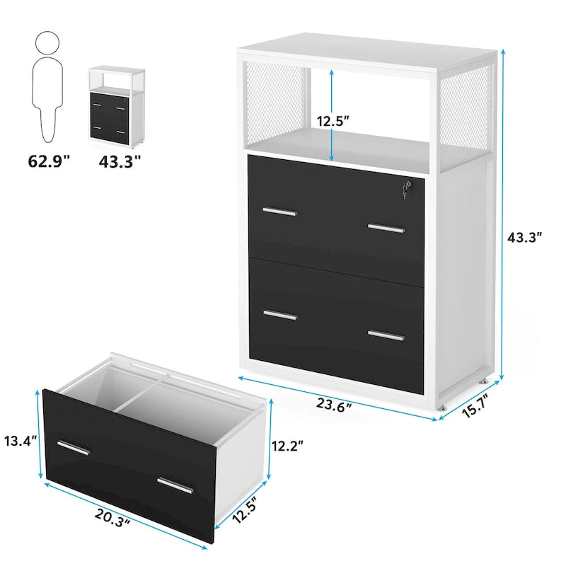 Cassettiera laterale a 2 cassetti in noce/nero con ripiani aperti, mobiletto archivio industriale porta stampante