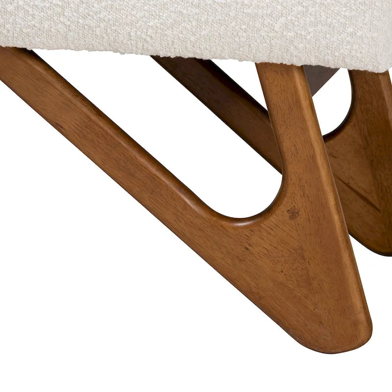 Rika Japandi Cream Boucle Fabric and Walnut Brown Finished Wood Bench