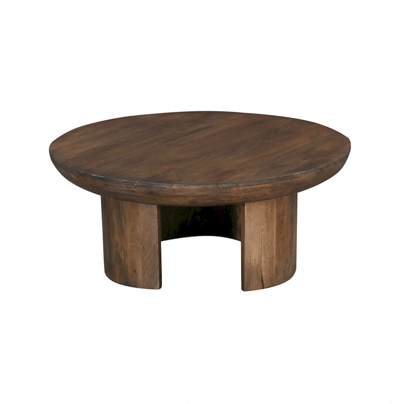 Tavolino da caffè da 89 cm, piano rotondo in legno di mango lavorato a mano, gambe curve a treppiede moderne, marrone noce