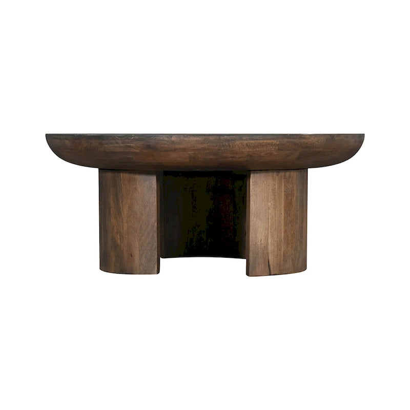 Tavolino da caffè da 89 cm, piano rotondo in legno di mango lavorato a mano, gambe curve a treppiede moderne, marrone noce