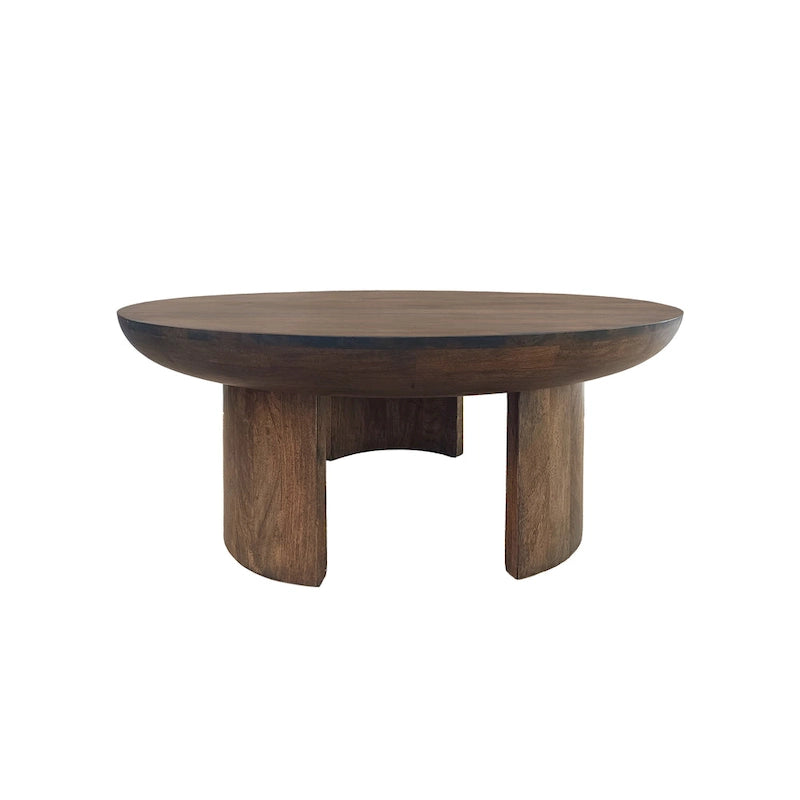 Tavolino da caffè da 89 cm, piano rotondo in legno di mango lavorato a mano, gambe curve a treppiede moderne, marrone noce