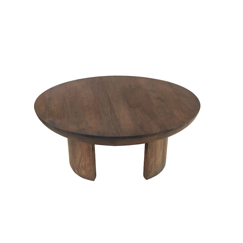 Tavolino da caffè da 89 cm, piano rotondo in legno di mango lavorato a mano, gambe curve a treppiede moderne, marrone noce