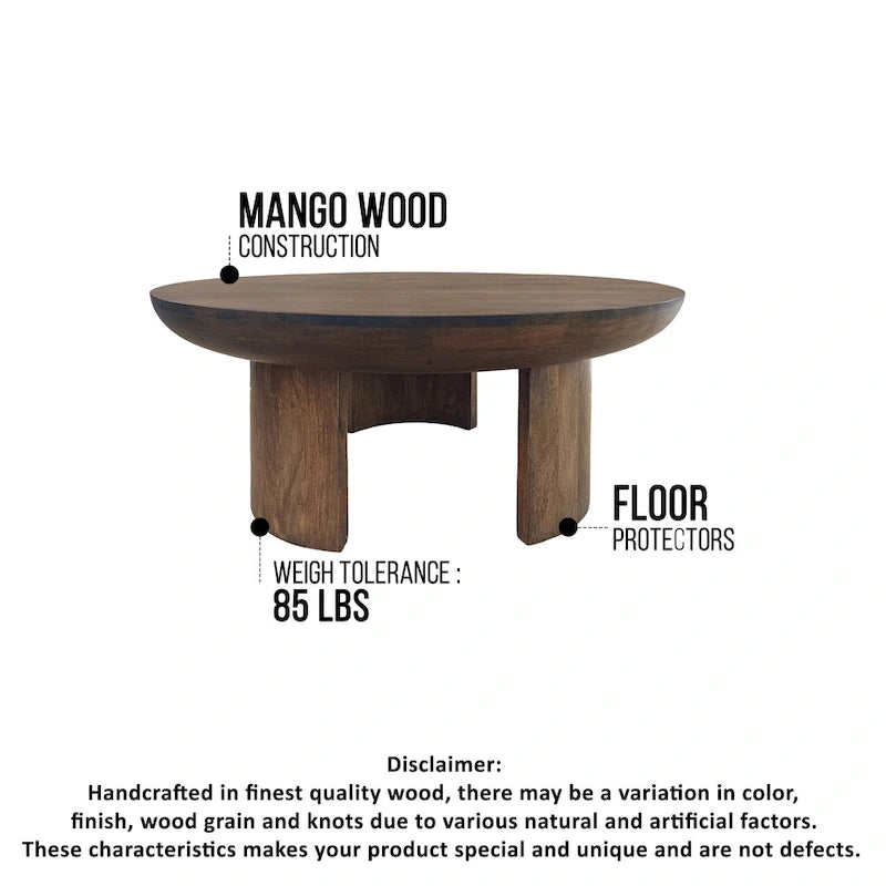Tavolino da caffè da 89 cm, piano rotondo in legno di mango lavorato a mano, gambe curve a treppiede moderne, marrone noce