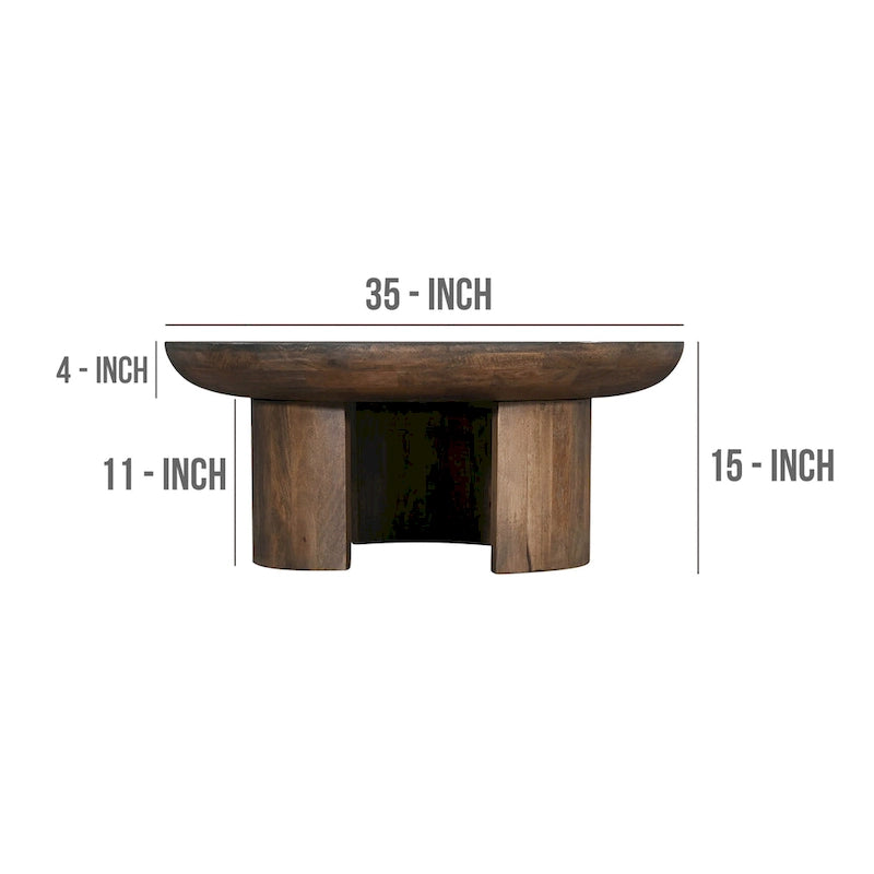 Tavolino da caffè da 89 cm, piano rotondo in legno di mango lavorato a mano, gambe curve a treppiede moderne, marrone noce