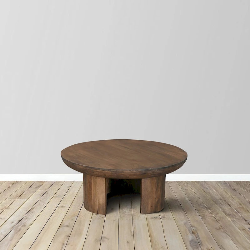 Tavolino da caffè da 89 cm, piano rotondo in legno di mango lavorato a mano, gambe curve a treppiede moderne, marrone noce