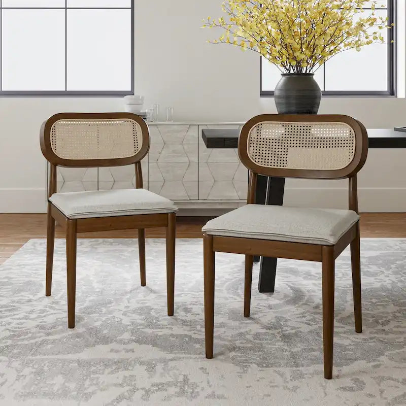 Sedia da pranzo Konstantin moderna in legno massello con schienale in rattan e cuscino rimovibile set da 2 di HULALA HOME