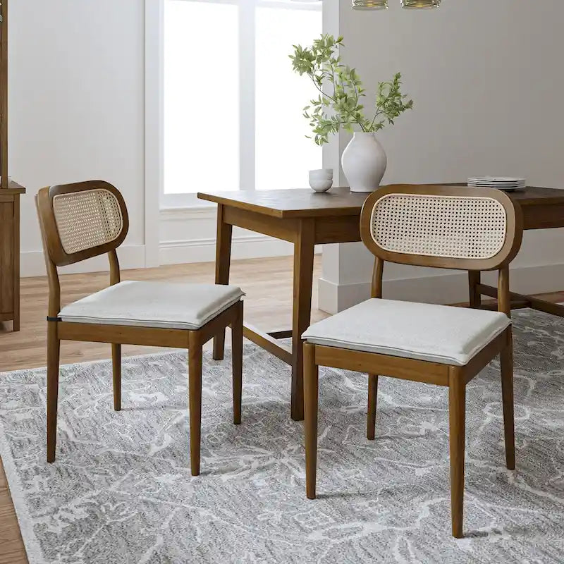 Sedia da pranzo Konstantin moderna in legno massello con schienale in rattan e cuscino rimovibile set da 2 di HULALA HOME