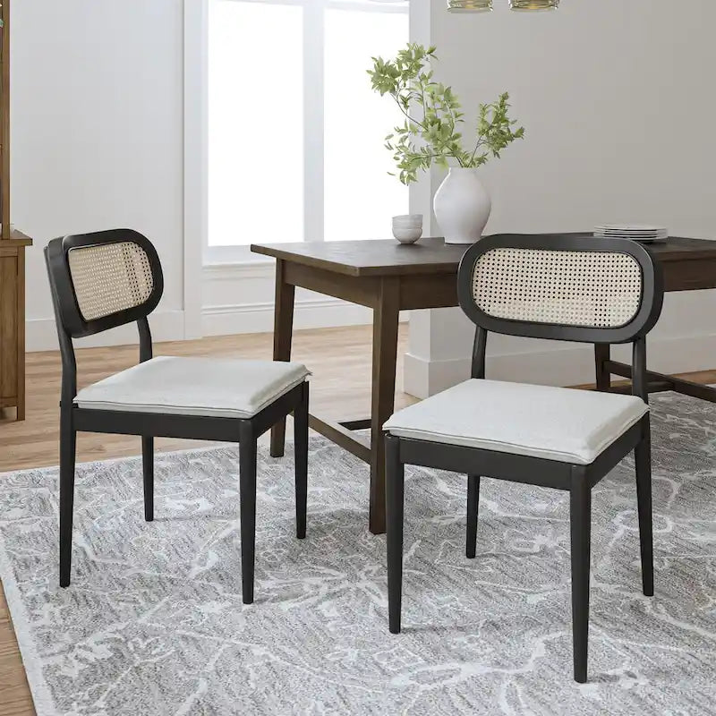 Sedia da pranzo Konstantin moderna in legno massello con schienale in rattan e cuscino rimovibile set da 2 di HULALA HOME