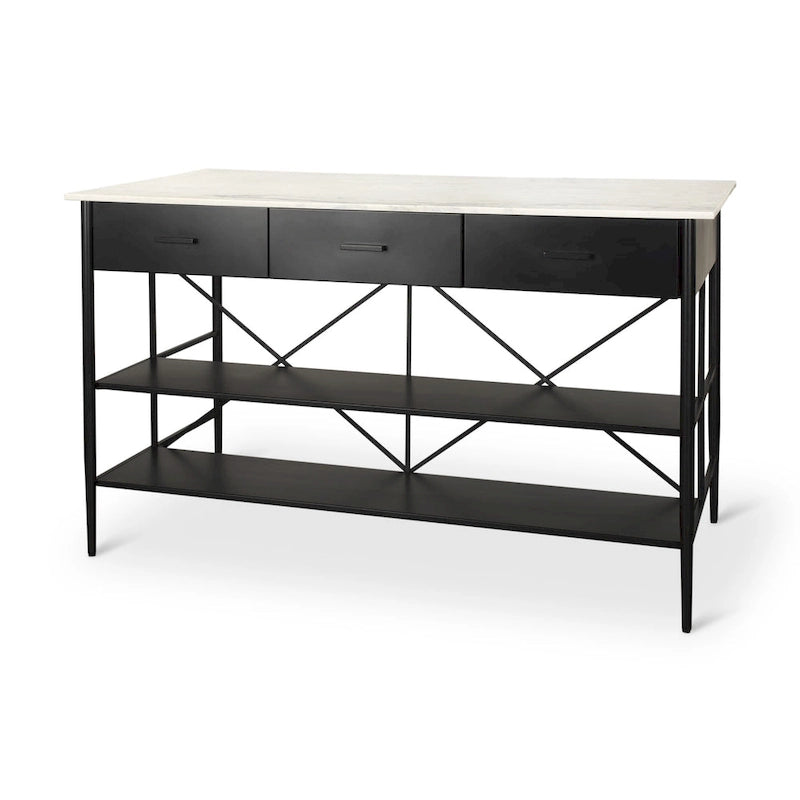 Isola da Cucina Amika con Piano in Marmo Bianco Massiccio e Base in Metallo Nero