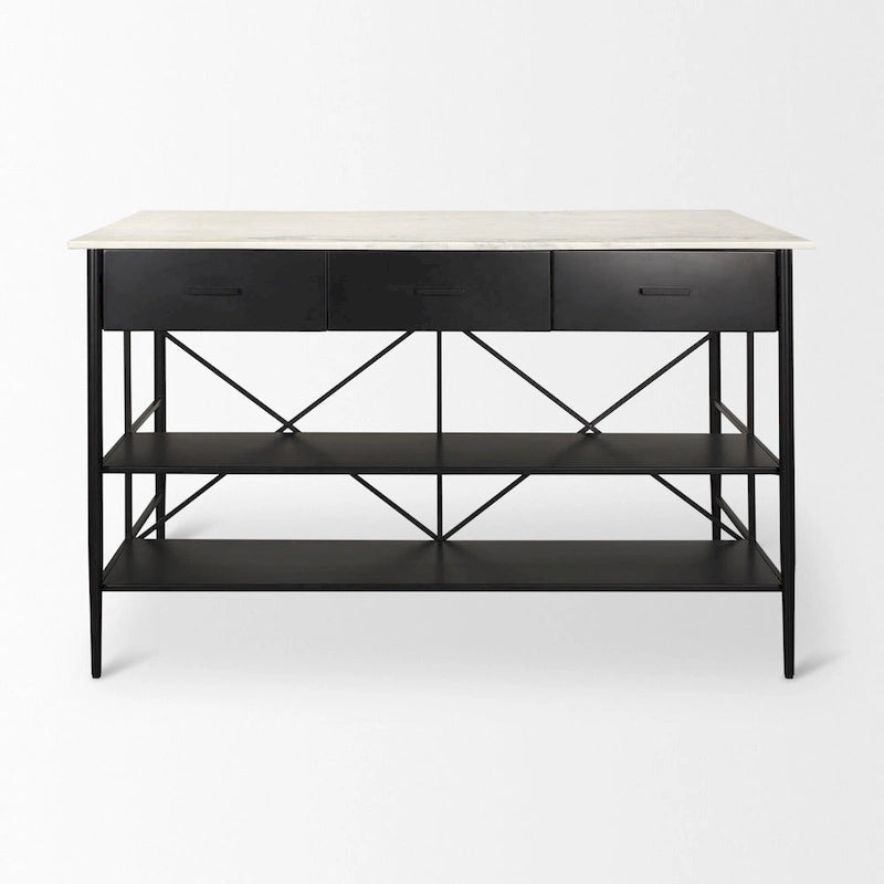 Isola da Cucina Amika con Piano in Marmo Bianco Massiccio e Base in Metallo Nero