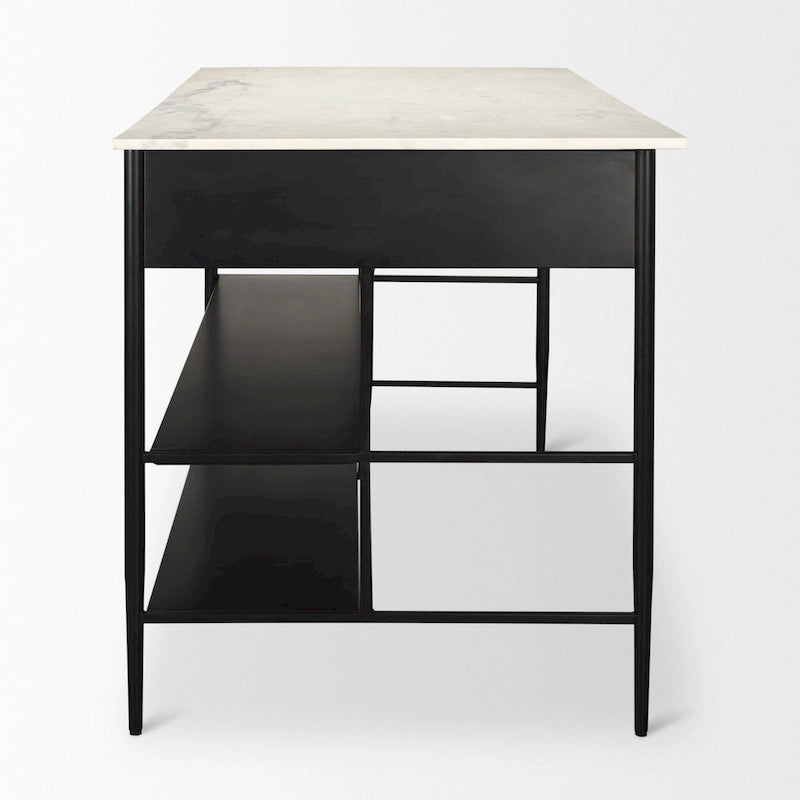 Isola da Cucina Amika con Piano in Marmo Bianco Massiccio e Base in Metallo Nero