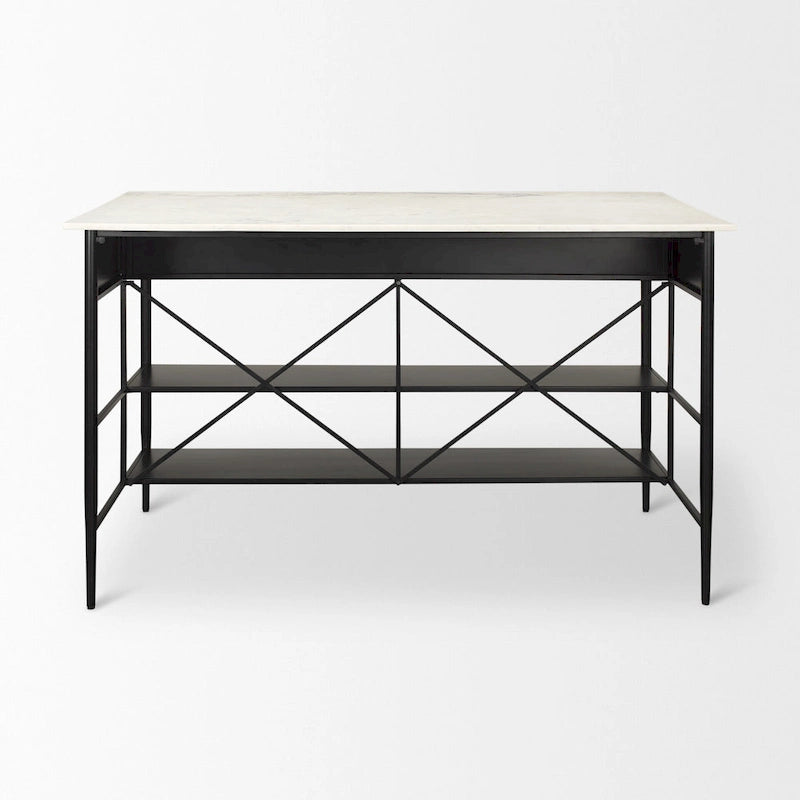 Isola da Cucina Amika con Piano in Marmo Bianco Massiccio e Base in Metallo Nero