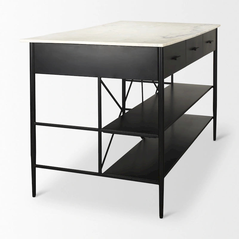 Isola da Cucina Amika con Piano in Marmo Bianco Massiccio e Base in Metallo Nero