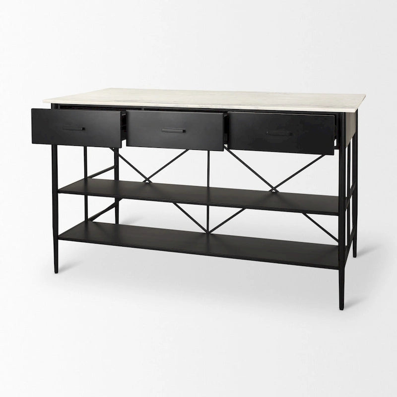 Isola da Cucina Amika con Piano in Marmo Bianco Massiccio e Base in Metallo Nero