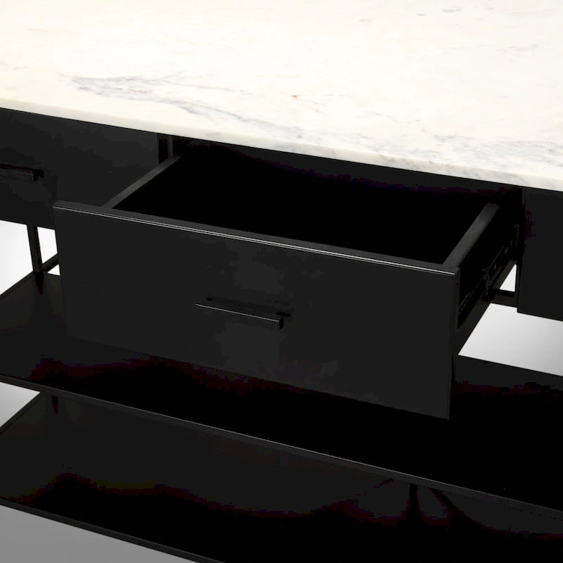 Isola da Cucina Amika con Piano in Marmo Bianco Massiccio e Base in Metallo Nero