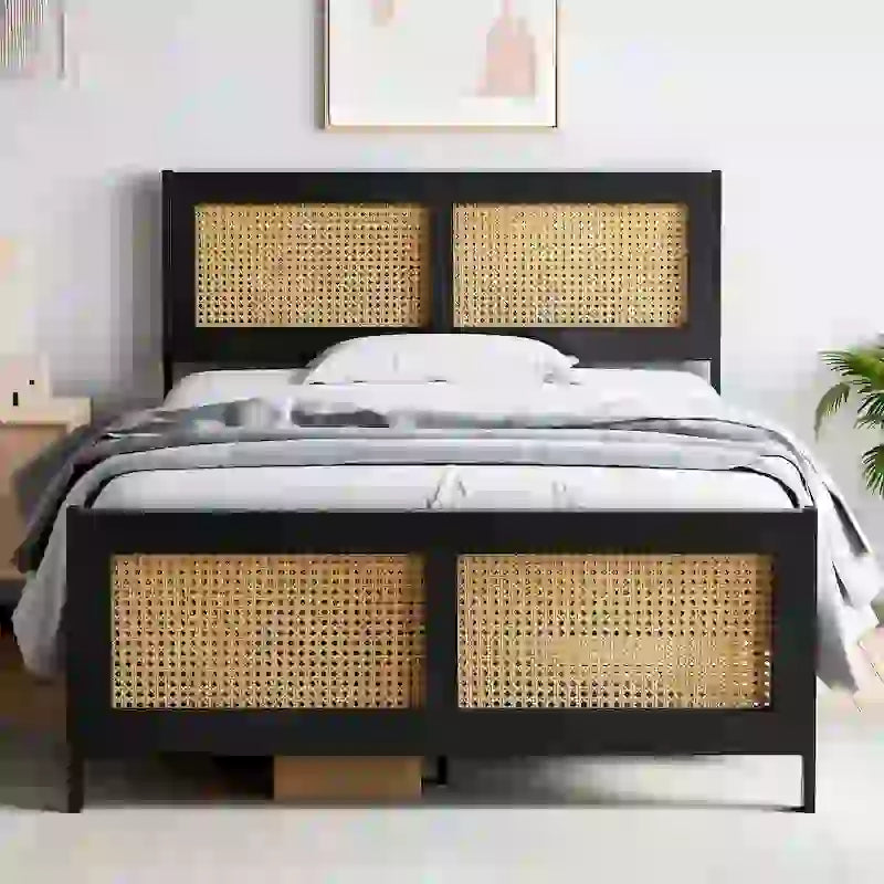 Black Bed Frame with Rattan Headboard and Footboard