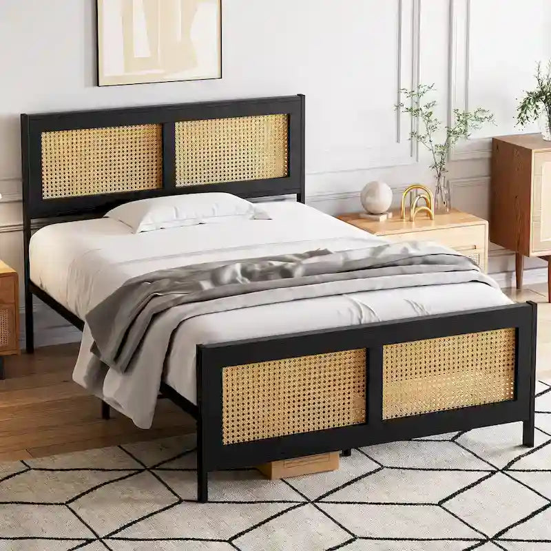 Black Bed Frame with Rattan Headboard and Footboard