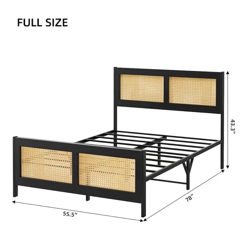 Black Bed Frame with Rattan Headboard and Footboard