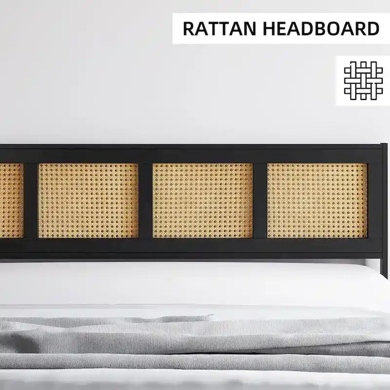 Black Bed Frame with Rattan Headboard and Footboard