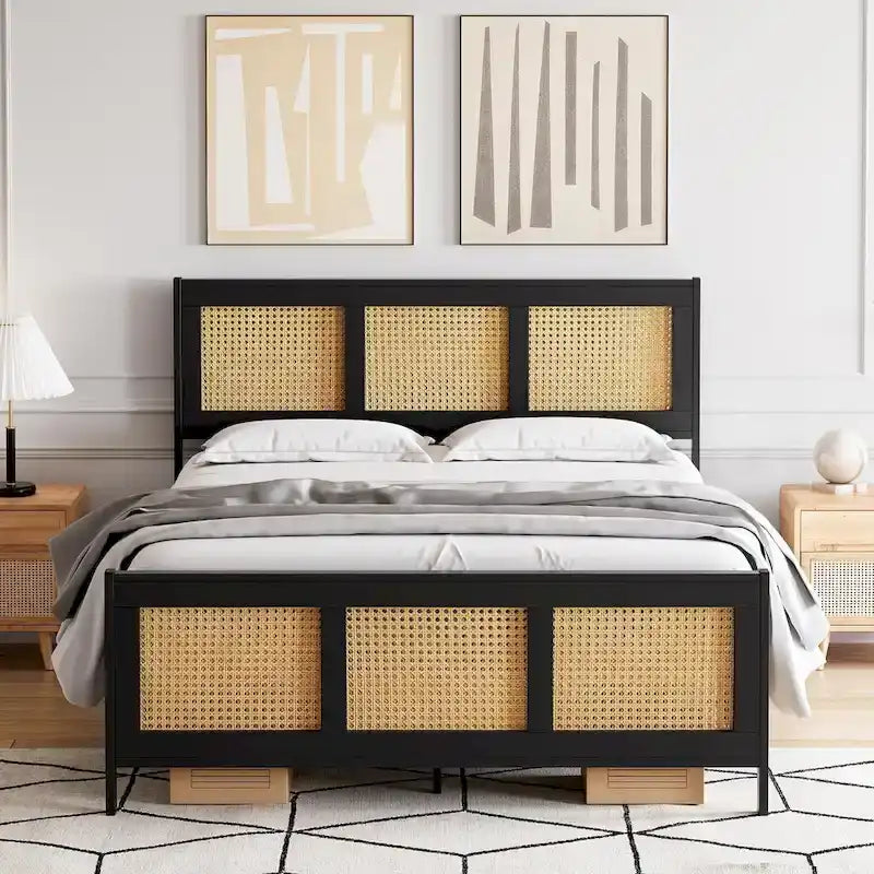 Black Bed Frame with Rattan Headboard and Footboard
