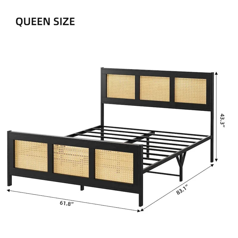 Black Bed Frame with Rattan Headboard and Footboard