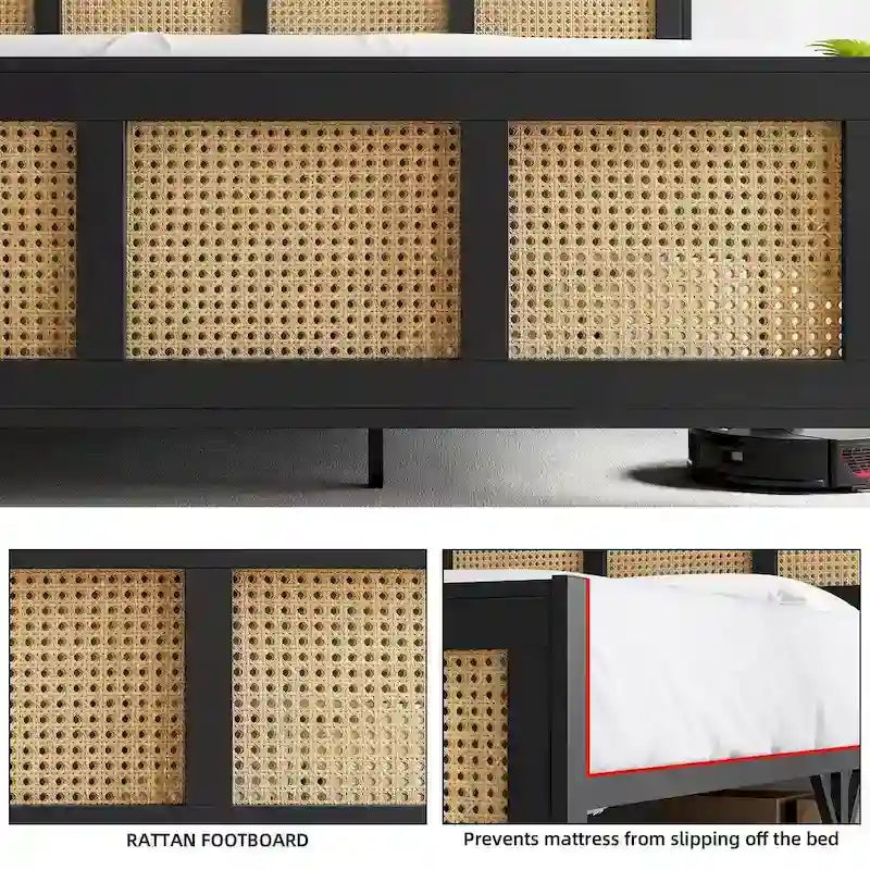 Black Bed Frame with Rattan Headboard and Footboard