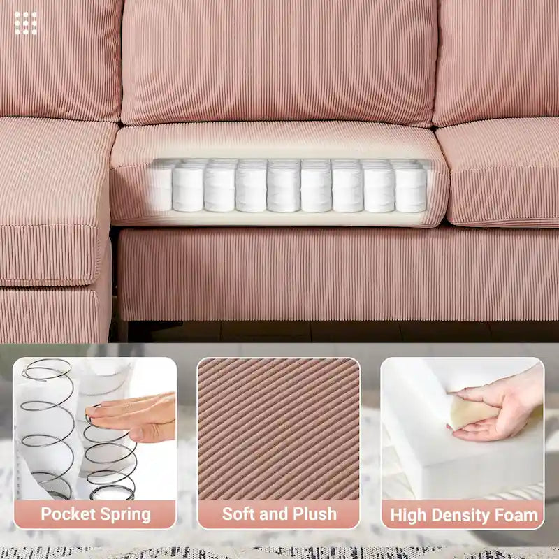 HOOOWOOO Modern Polyester Convertible Chaise Sofa with Metal Legs for Living Room