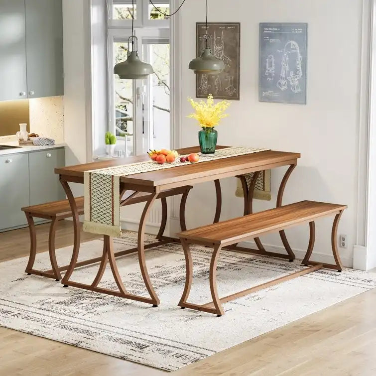 51 Farmhouse Brown Dining Table and Bench Set